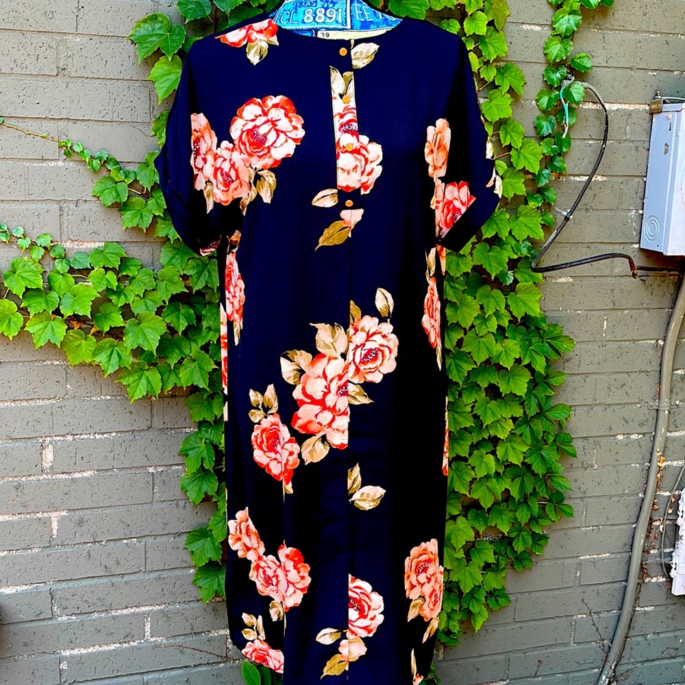 Orange & peach roses with sage green leaves on black background. Mini dress